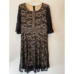 Black Lace Dress Nude Lining 3/4 Sleeves Floral Pattern Back Zipper Medium